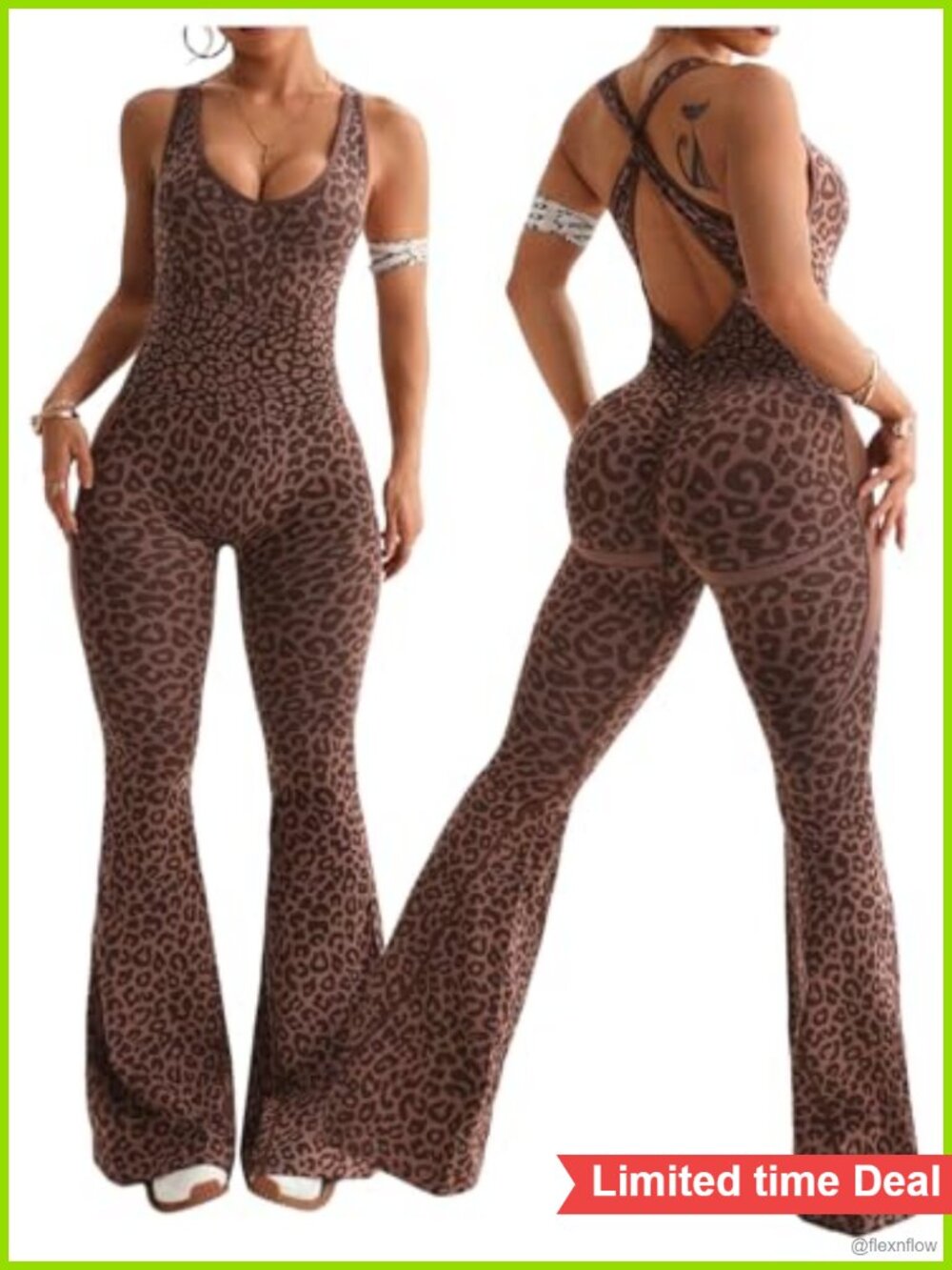 WDIRARA Plus Size Leopard Flare Yoga Jumpsuit Sleeveless Backless Romper